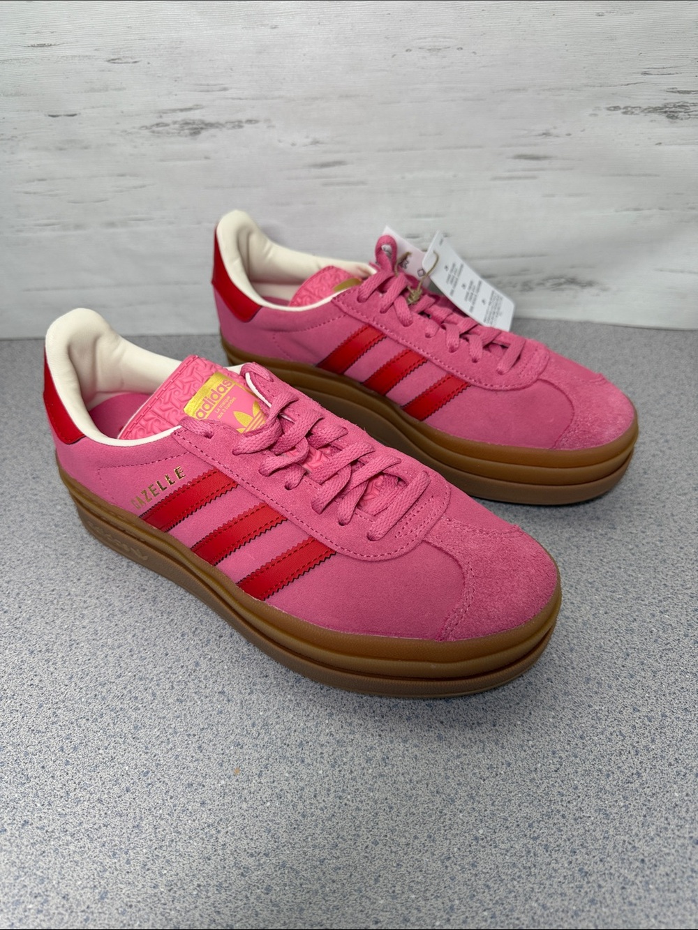adidas Gazelle Platform Sneakers in Pink with Red Stripes